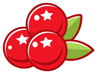 Bright red cartoon berries with white stars and green leaves vector illustration