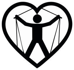 Silhouette person puppet held by strings inside heart shape symbol