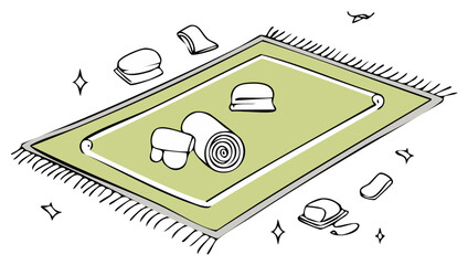Illustration of a green bath rug with rolled towel, washcloths, and soap