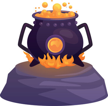 Boiling cauldron cartoon icon. Witch spell pot