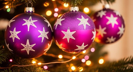 Fototapeta premium Purple and Pink Christmas Baubles with Glitter on a Festive Tree Branch