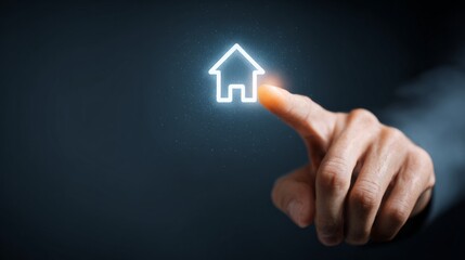 Finger pressing glowing home icon smart house concept