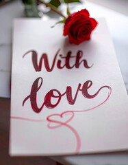With love, handwritten text, red rose heart, valentines message on a white card