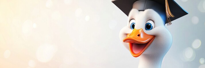 Cartoon duck mascot celebrating graduation success, copy space