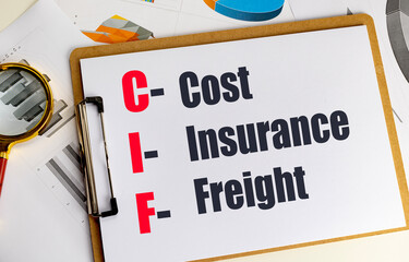 CIF acronym meaning cost insurance freight written on clipboard with financial charts and magnifying glass