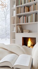 Naklejka premium A warm bedroom features soft pillows and blankets, inviting a cozy atmosphere. Outside, snow blankets the landscape, creating a serene winter night with mountain views