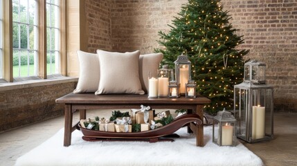 Naklejka premium This cozy room features a beautifully decorated Christmas tree, silver and beige accents, plus a comfy chair with pillows and blankets for a warm festive vibe