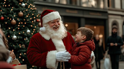 A cheerful Santa Claus laughs with an excited boy in a bustling mall, decorated with twinkling lights and a Christmas tree, creating a joyful holiday ambiance