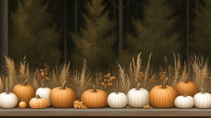 A wicker basket filled with colorful pumpkins and fresh vegetables is artfully arranged on a wooden table, with a beautiful autumn forest glowing in the backdrop