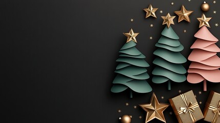 Three-dimensional green Christmas trees with gold stars and decorated gift boxes create a cheerful holiday atmosphere against a dark background, evoking a festive spirit