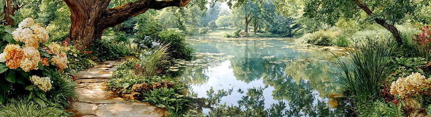 Naklejka premium Serene landscape with tranquil river, lush greenery, blooming flowers, and reflections in peaceful nature setting