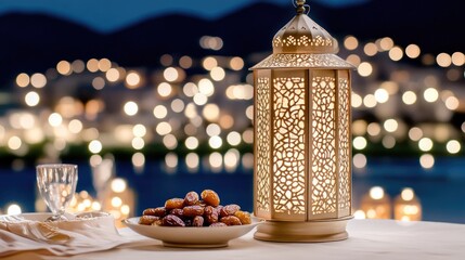 An Arabic lantern illuminates a collection of dates on a wooden table, with a stunning city skyline glowing in the background, evoking the spirit of Ramadan