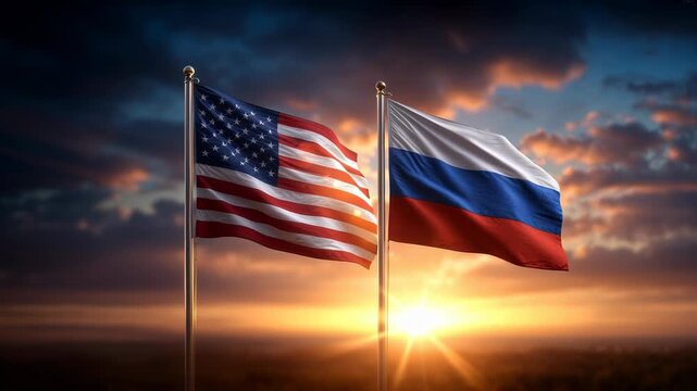 USA and Russia flags are displayed next to each other, illuminated by a beautiful sunset in a tranquil setting