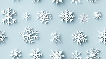 Fototapeta premium A seamless pattern features white snowflakes scattered across a light blue backdrop, creating a minimalist and elegant design perfect for winter-themed projects SEAMLESS PATTERN