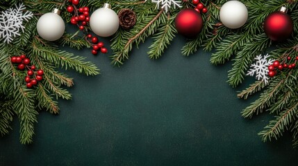 A stylish arrangement of white paper balls, snowflakes, and red ornaments set on a dark blue tabletop creates a festive atmosphere for the winter holiday season
