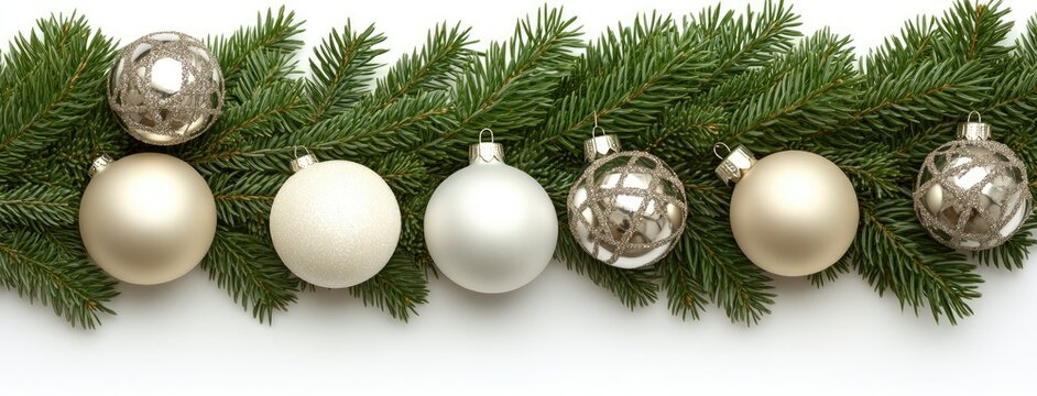 A flat lay design featuring white ornaments and pine branches creates a serene Christmas backdrop, offering a copy space for seasonal messages and greetings