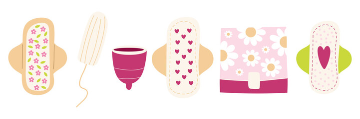 Menstrual hygiene products set with sanitary pads, pantyliner with flowers, menstrual cup, tampon, and cute storage pouch. Soft pastel colors, feminine design, clean minimal style. Perfect for women's