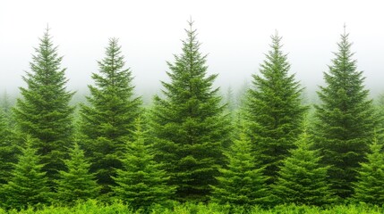 Explore a serene mountainous area where tall evergreen trees emerge from a blanket of mist, creating a mystical atmosphere perfect for contemplation and adventure