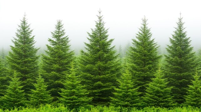 Explore a serene mountainous area where tall evergreen trees emerge from a blanket of mist, creating a mystical atmosphere perfect for contemplation and adventure - Powered by Adobe