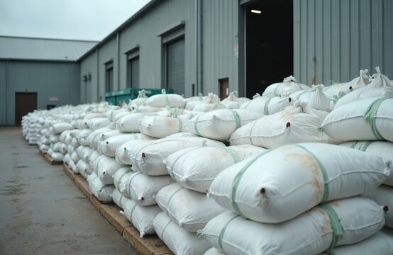 Large piles of white sacks containing fertilizer sit outside industrial factory building. Bulk bags stacked high, ready for transport, distribution. Scene suggests agricultural industry, large scale