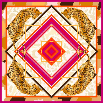 Leopard, jaguar wild big cat scarf illustration with square frame on a animal skin patterned background silk scarf design. Luxury style pattern vector for bandana, foulard, scarves, pillows