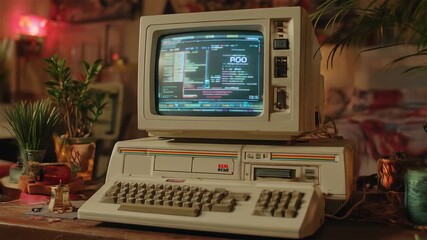 Retro computing experience in a cozy room showcasing an old computer setup with nostalgic vibes
