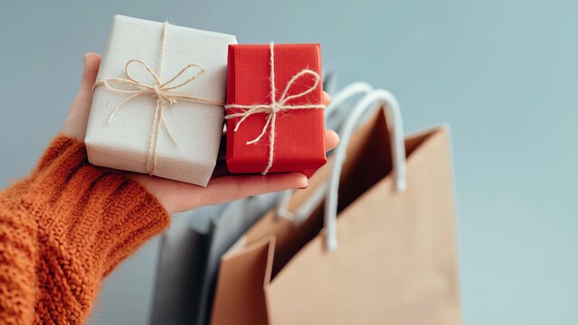 Hand holding gift boxes and shopping bags highlighting holiday shopping season