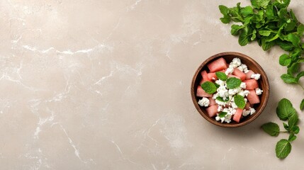 A vibrant salad featuring juicy watermelon cubes topped with creamy feta cheese and fresh mint, beautifully presented in a rustic wooden bowl