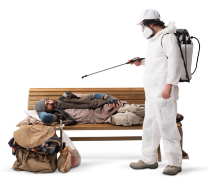 Homeless Man Lying on Wooden Bench while a Pest Control Worker sprays him on White Background