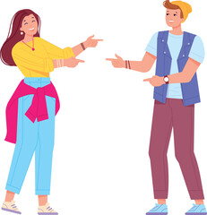 People happy to see each other. Greeting gesture pointing fingers