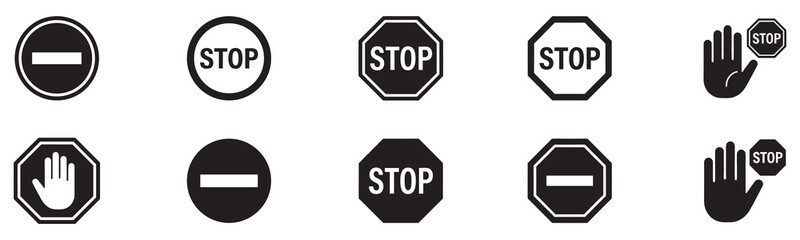 Stop icon set. Stop sign. Stop symbol with hand. Black stop sign icon set. Do not enter. Danger. Traffic signs. Vector illustration. EPS 10