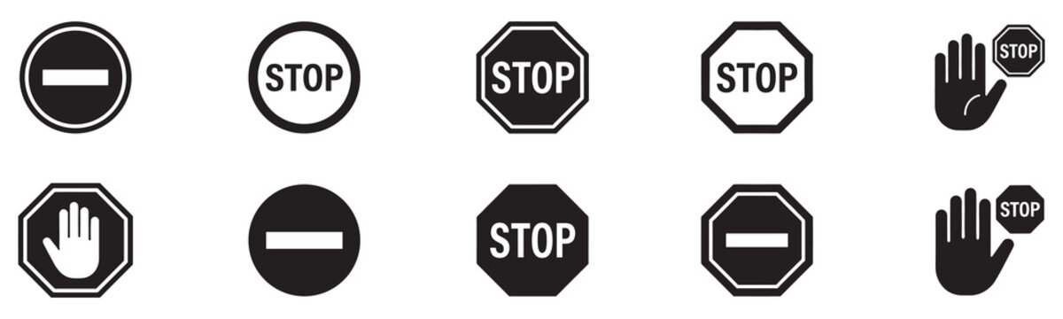 Stop icon set. Stop sign. Stop symbol with hand. Black stop sign icon set. Do not enter. Danger. Traffic signs. Vector illustration. EPS 10