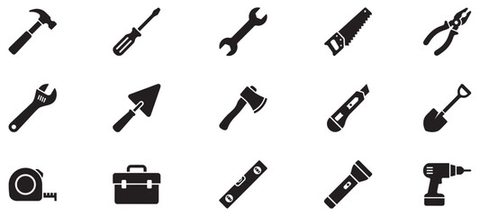 Construction tool icon collection. Instrument icons set. Carpentry work tools sign. Repair and building equipment symbol. Black silhouette. Vector illustration. EPS 10