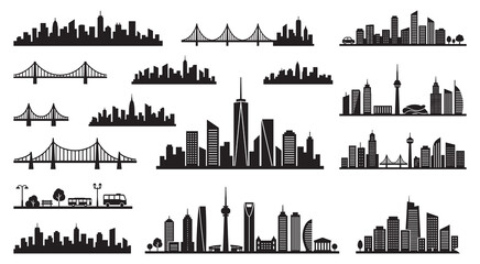 Obraz premium City silhouette vector set. Panorama city background. Skyline urban border collection. Modern city skyline Silhouette. Vector Illustration.