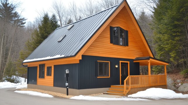 A modern small wooden house showcases striking black and orange walls, with a white lamp post at the entrance, surrounded by a serene winter landscape and snow-covered roof