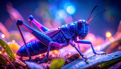 An enchanting close-up of a surreal grasshopper with vibrant, glowing colors in a fantasy garden