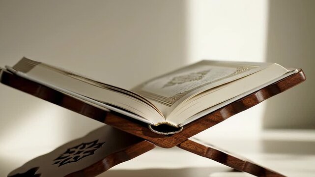 Serene Islamic Holy Book Quran on an Ornate Wooden Rehal Stand bathed in soft light