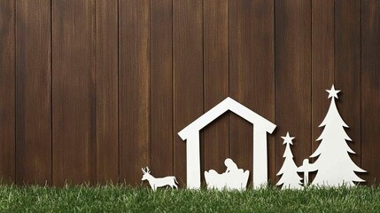 A serene nativity silhouette featuring a Christmas tree, star, and baby Jesus rests over a dark brown bokeh backdrop, perfect for holiday cards and banners