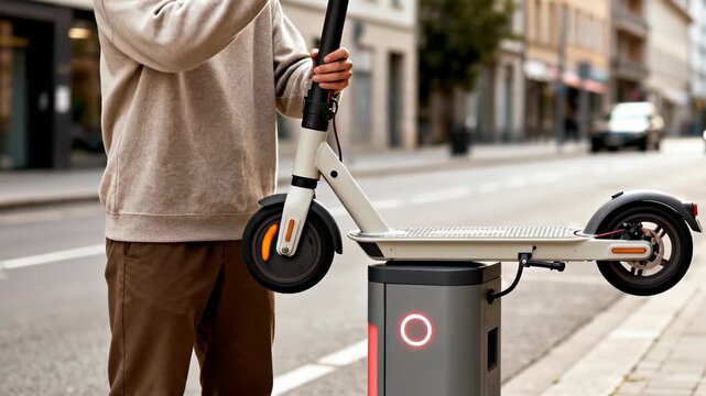 Man in a beige sweater is docking an electric scooter into a charging station on a city street pavement