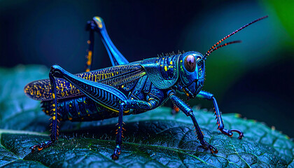 A stunning macro photograph of a vibrant blue grasshopper with iridescent colors perched on a dark green leaf