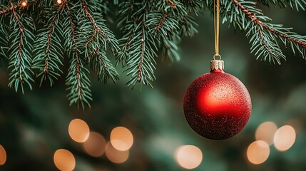 Decorative Christmas garland adorned with red balls and golden ornaments shines brightly in front of a soft glow of blurred lights, perfect for festive celebrations