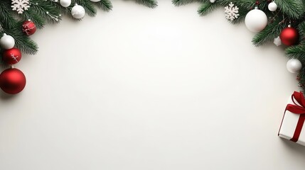 A decorative arch made of lush green Christmas garland features shimmering white and silver ornaments, adding a festive touch against the white wall backdrop
