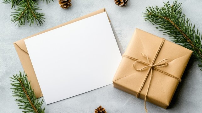A beautifully arranged Christmas gift box with a gold ribbon sits on a rustic white wooden table, surrounded by pine cones, candy canes, and red holly berries, creating a festive atmosphere