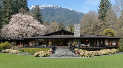 Obraz premium A contemporary home features a stone terrace adorned with flower pots, large black-framed windows, and garden views under a clear blue sky, creating a serene outdoor space