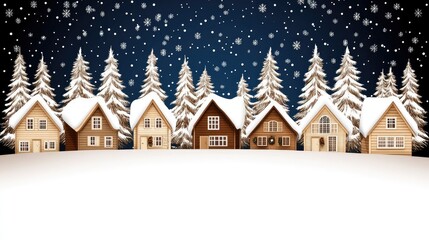 A cozy house nestled among snow-covered pine trees provides a warm contrast to the dark forest background, creating a peaceful winter atmosphere ideal for holiday settings