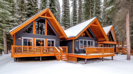 A charming A-frame wooden house with large glass doors and panoramic windows sits in a wintery forest, surrounded by snow-covered ground and pine trees