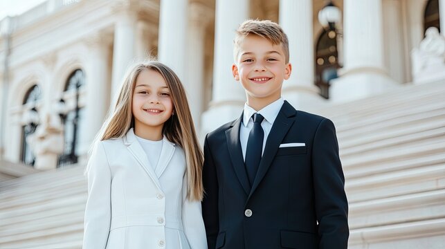 Two young children stand happily in front of a contemporary house, dressed in fashionable outfits, embodying friendship against the backdrop of a lovely garden