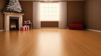 Naklejka premium A beautifully decorated room features a Christmas tree adorned with white lights, gifts on the floor, and a glowing fireplace surrounded by wooden walls creating a festive atmosphere