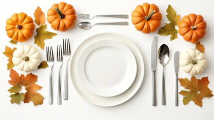 A beautifully arranged autumn dinner table showcases a flat lay of pumpkins, lush greenery, and pristine white plates, perfect for festive gatherings and celebrations