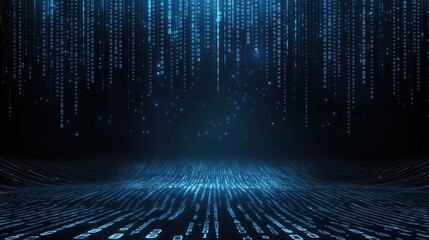 Blue binary code pours down in a mesmerizing digital rain, creating an abstract backdrop filled with shimmering stars that enhances its futuristic atmosphere